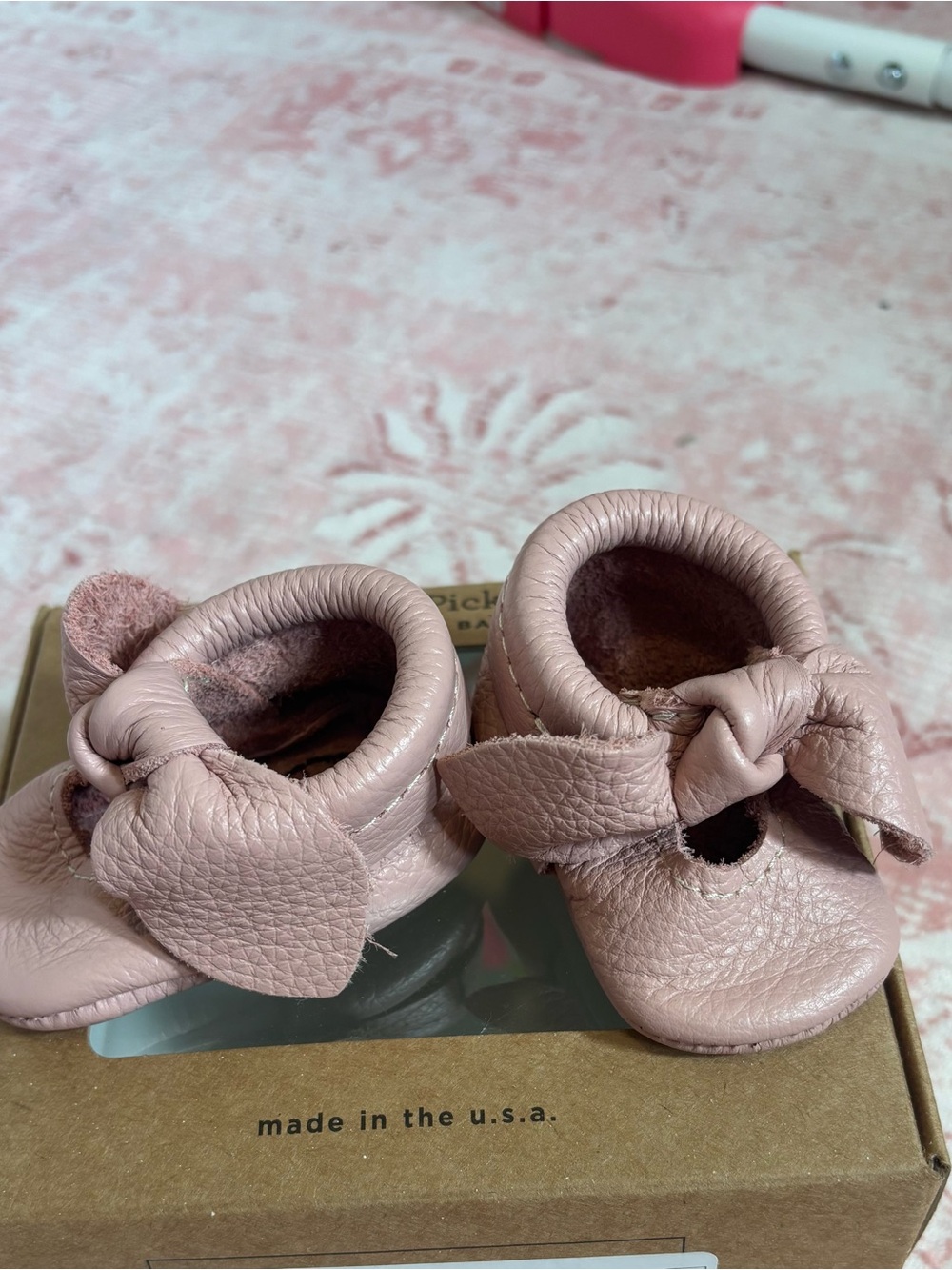 Freshly Picked Baby Moccasins in Light Pink with Bow